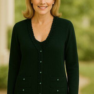Talbots Petite 1X Forest Green Ruffle Cardigan 4 Pocket Fancy Button Up